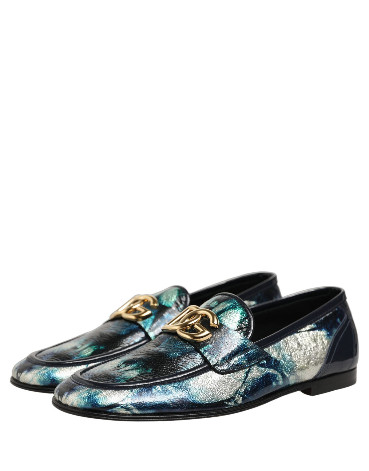 Dolce & Gabbana Metallic Blue Silver Leather DG Loafers Shoes for Men