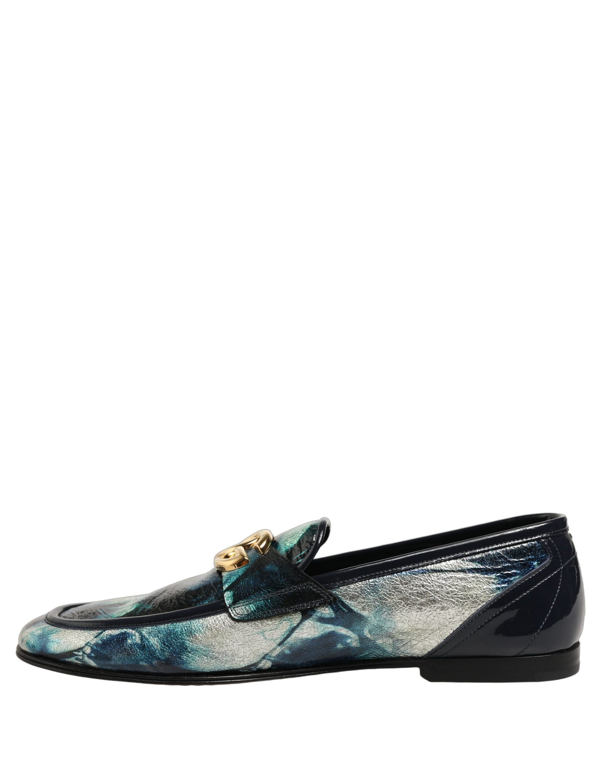 Dolce & Gabbana Metallic Blue Silver Leather DG Loafers Shoes for Men