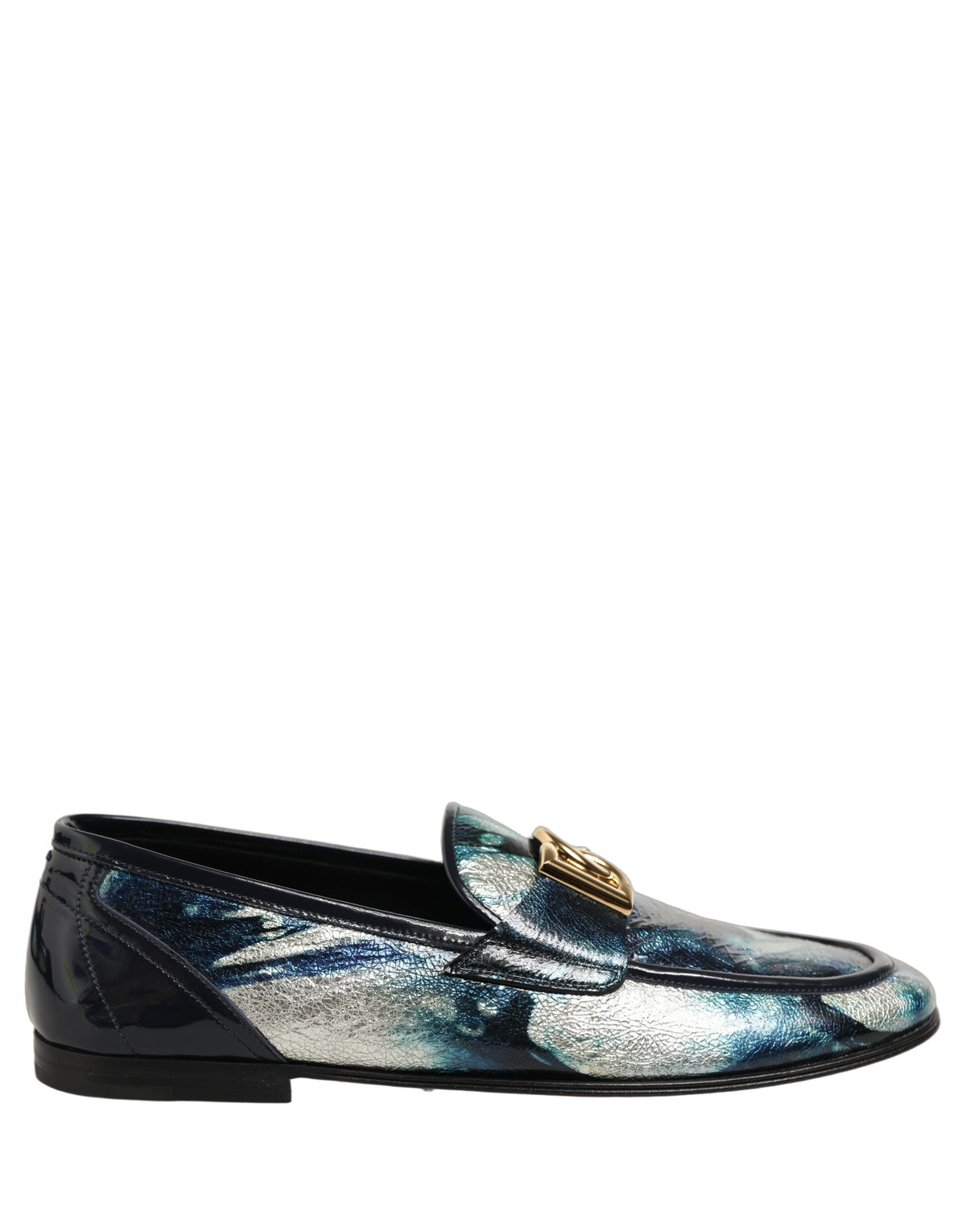 Dolce & Gabbana Metallic Blue Silver Leather DG Loafers Shoes for Men