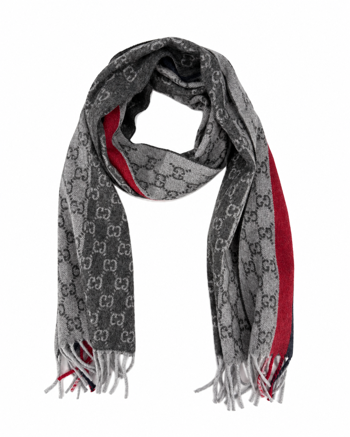Gucci Monogram Grey Cashmere & Wool Scarf with Red & Black Stripe