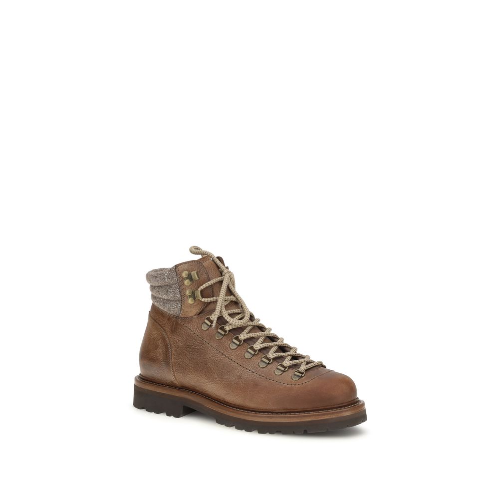 Brunello Cucinelli Brown Calf Leather Bos Taurus Lace-Up Boots for Men