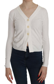 BYBLOS Elegant White V-Neck Cropped Cardigan Blouse - ACCEXO