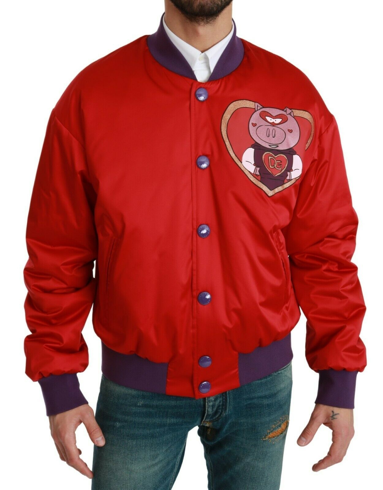 Dolce & Gabbana Vibrant Red Bomber Jacket with Multicolor Motif - ACCEXO