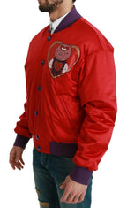 Dolce & Gabbana Vibrant Red Bomber Jacket with Multicolor Motif - ACCEXO