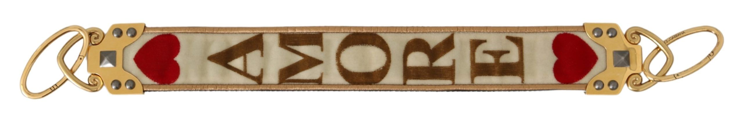 Dolce & Gabbana Gold White Textile Leather AMORE Shoulder Strap - ACCEXO