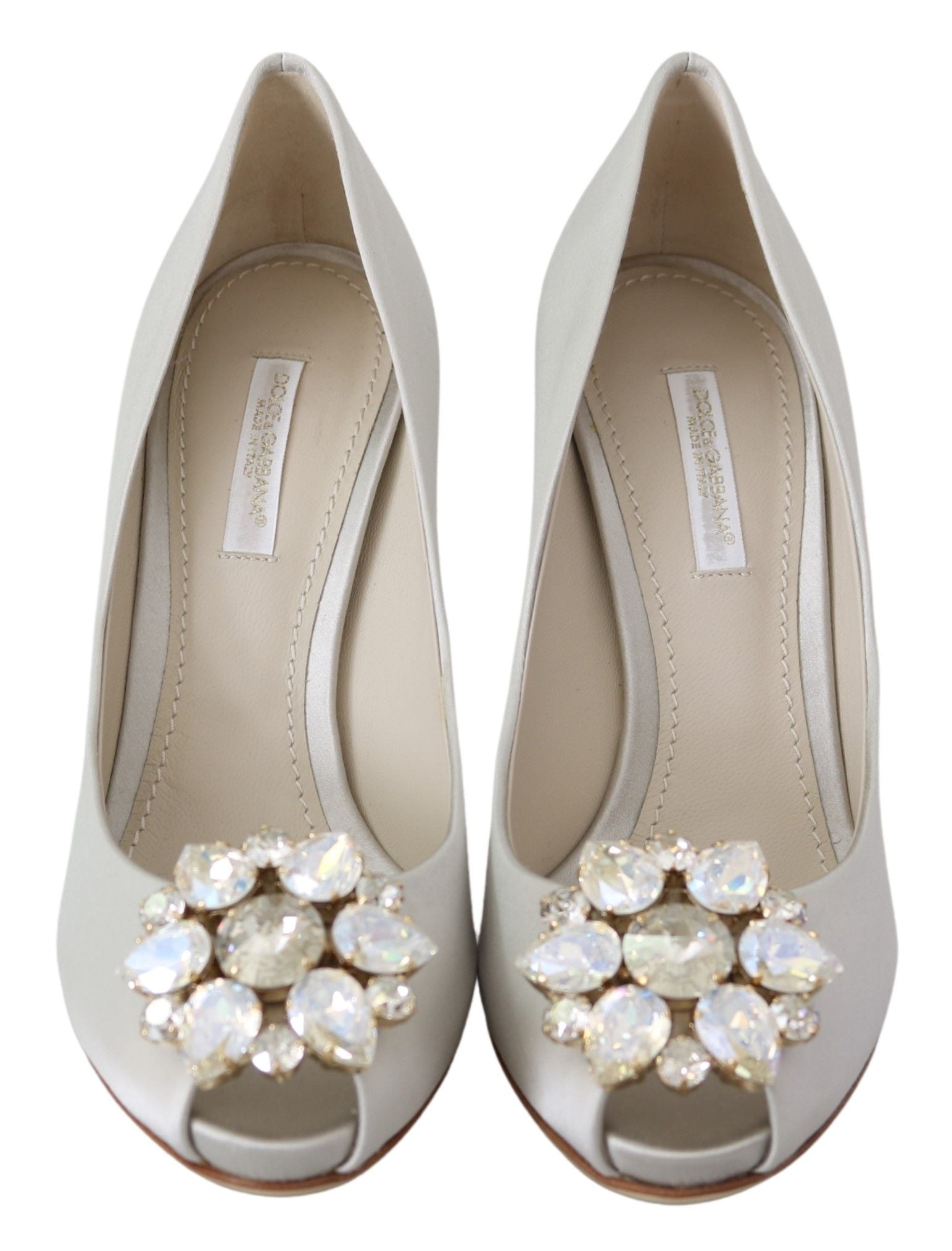 Dolce & Gabbana White Crystal Peep Toe Silk Blend Heels - ACCEXO