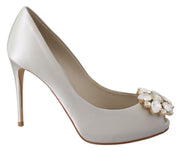 Dolce & Gabbana White Crystal Peep Toe Silk Blend Heels - ACCEXO