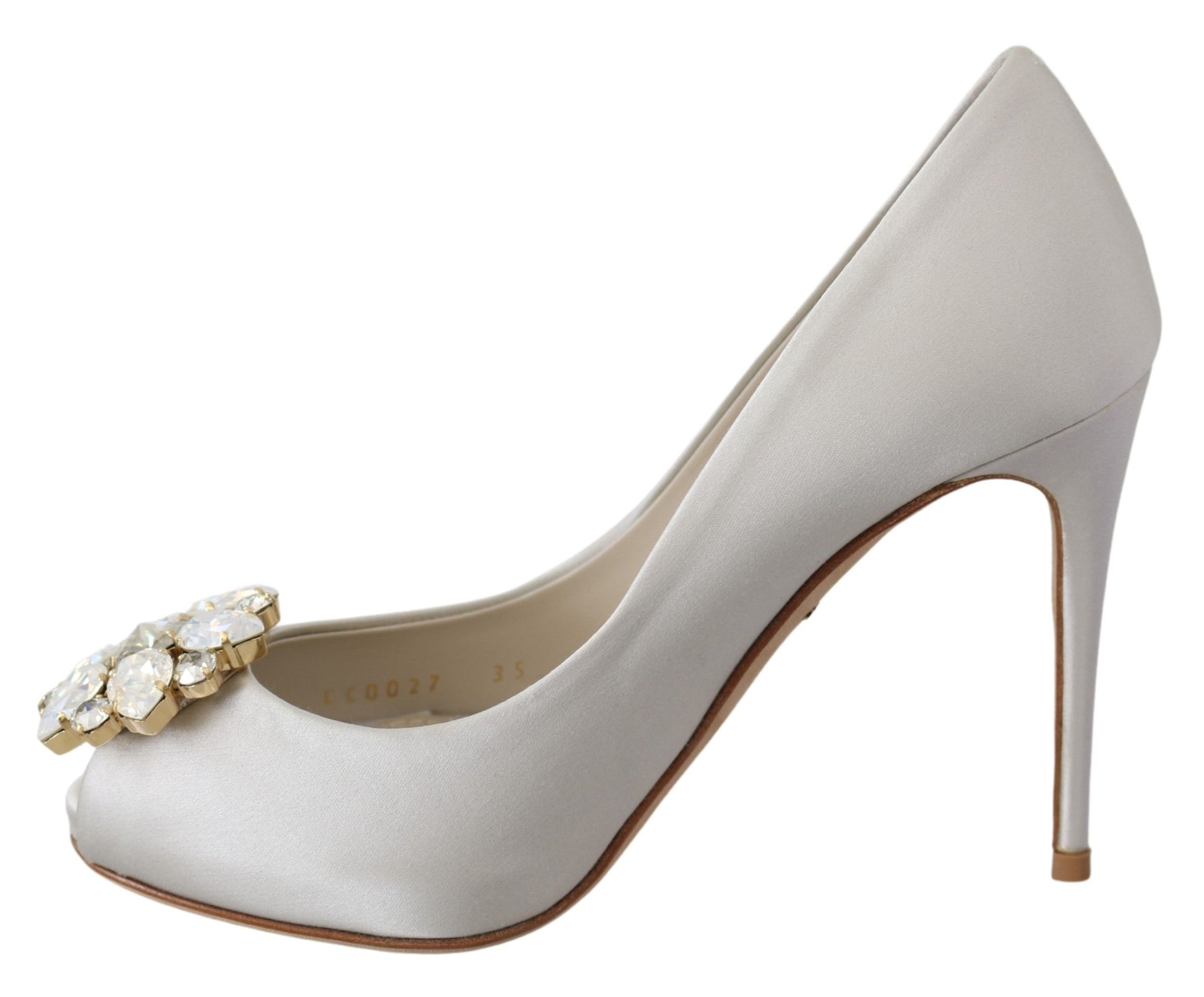 Dolce & Gabbana White Crystal Peep Toe Silk Blend Heels - ACCEXO