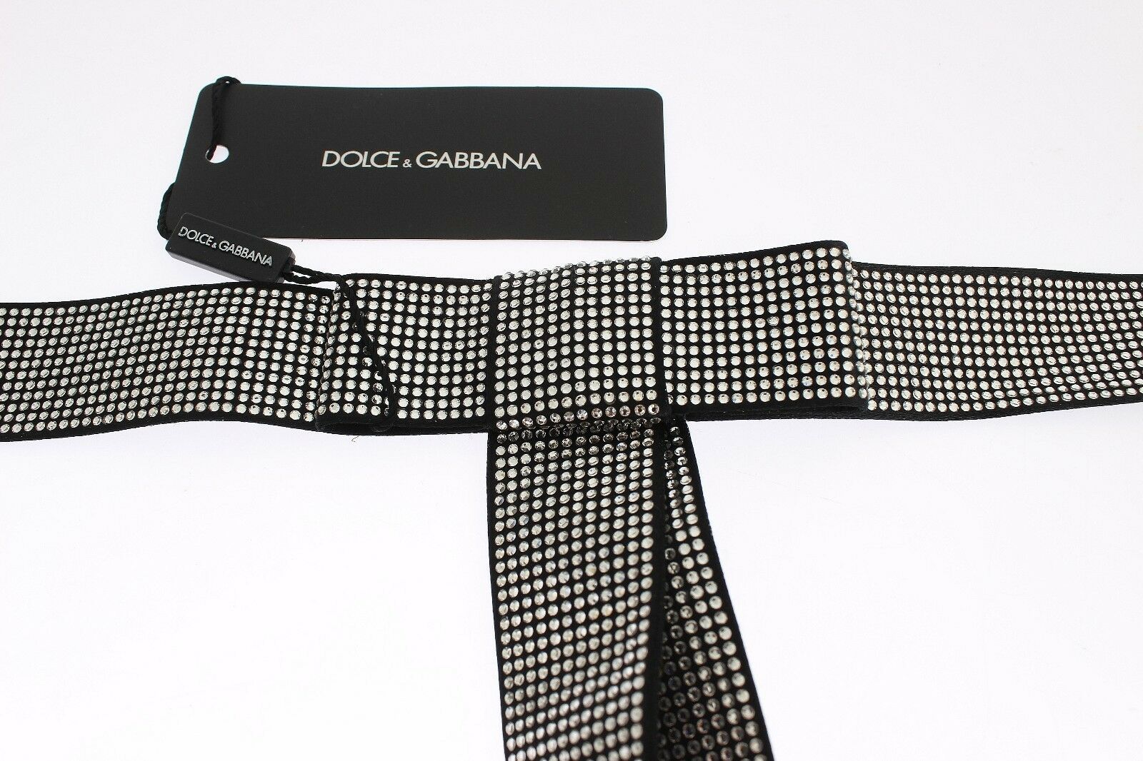 Dolce & Gabbana Black Silk Crystal Bow Waist Belt Elegance - ACCEXO