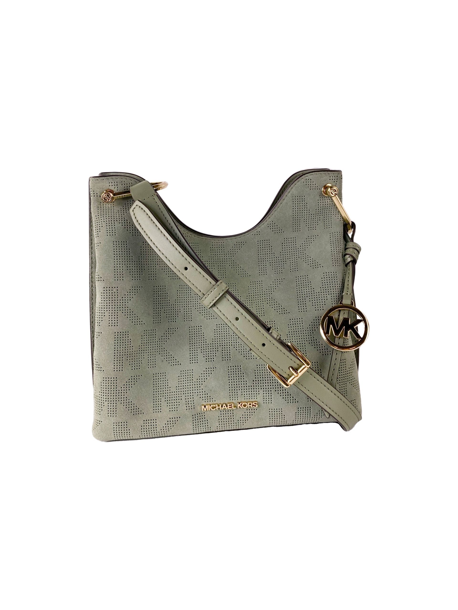 Michael Kors Joan Large Perforated Suede Leather Slouchy Messenger Handbag (Army Green) - ACCEXO