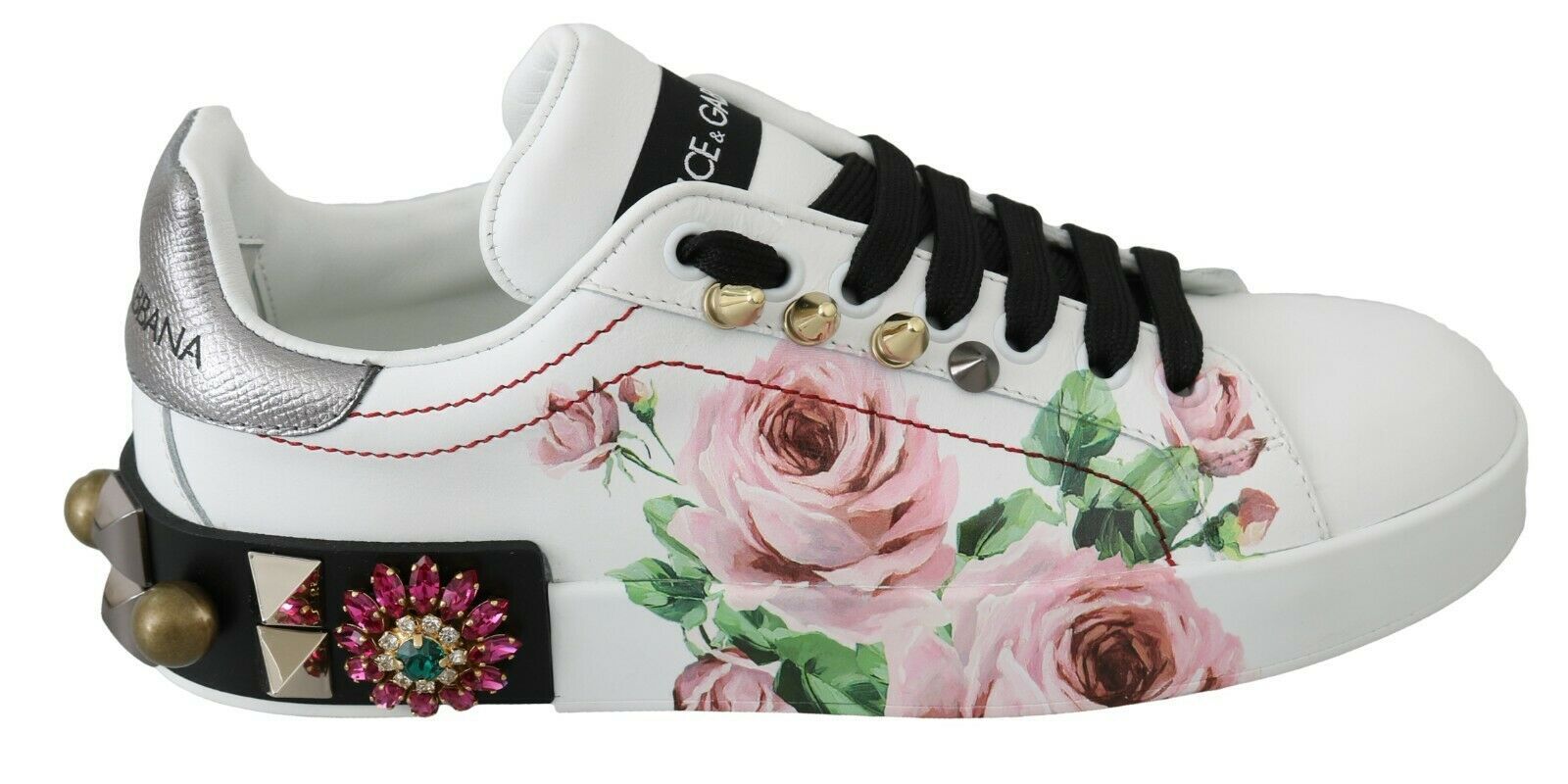 Dolce & Gabbana Floral Crystal-Embellished Leather Sneakers - ACCEXO