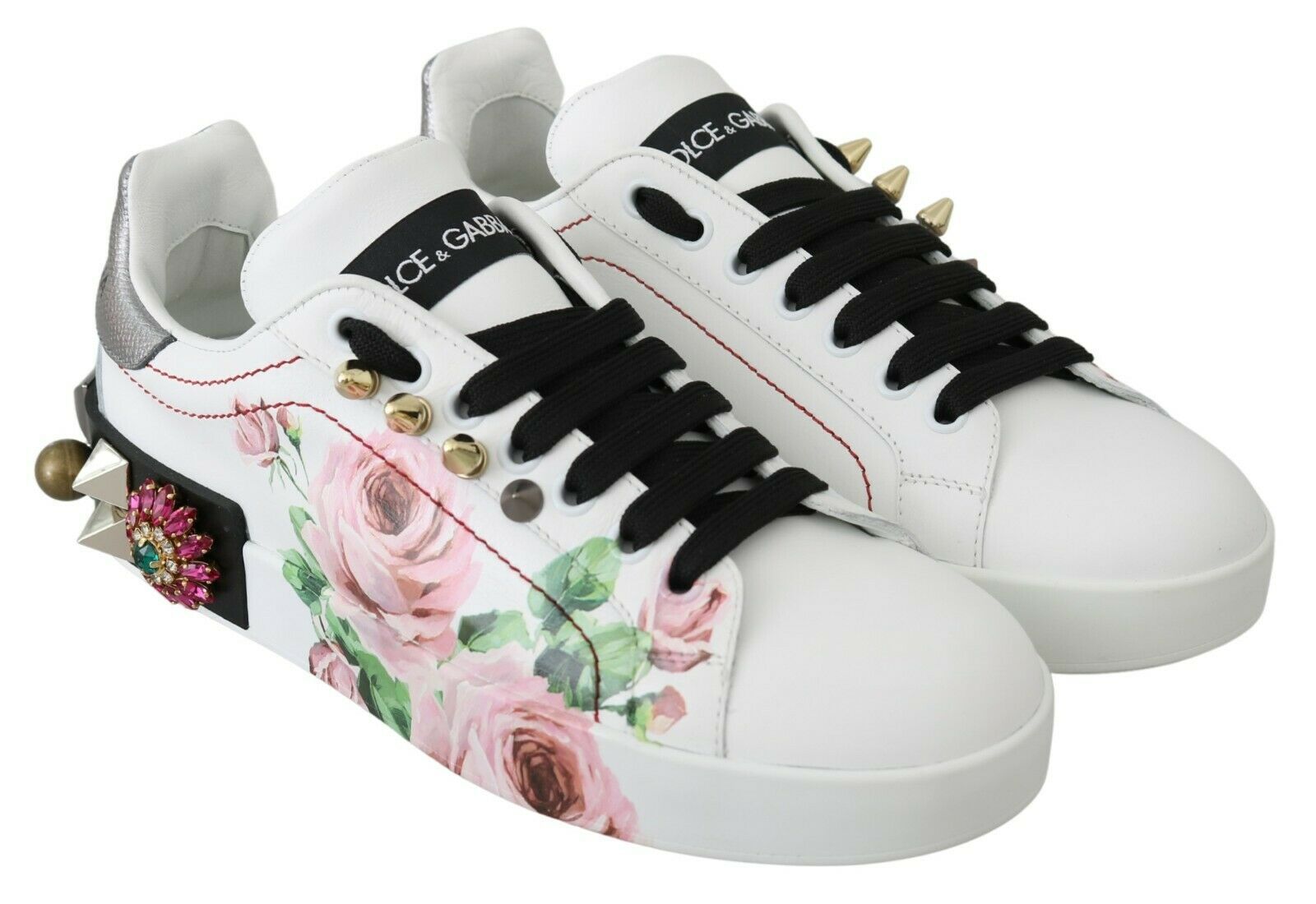 Dolce & Gabbana Floral Crystal-Embellished Leather Sneakers - ACCEXO
