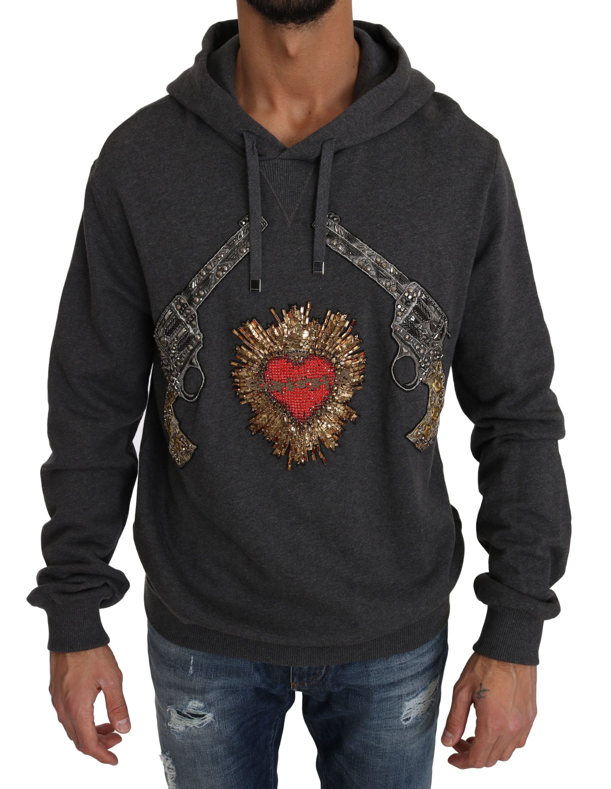 Dolce & Gabbana Gray Crystal Heart Gun Motif Sweater - ACCEXO