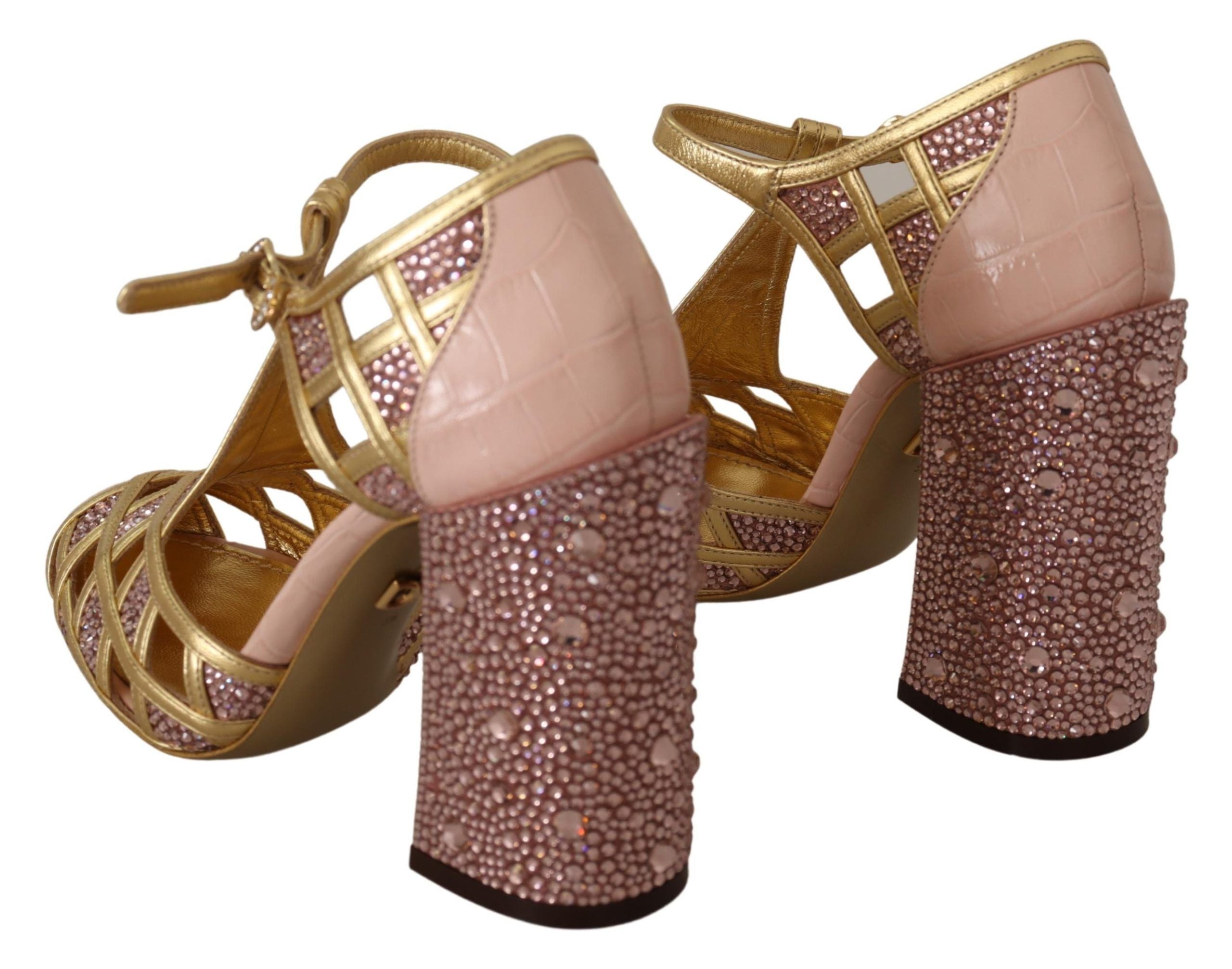 Dolce & Gabbana Silk-Infused Leather Crystal Pumps in Pink Gold - ACCEXO