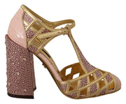 Dolce & Gabbana Silk-Infused Leather Crystal Pumps in Pink Gold - ACCEXO