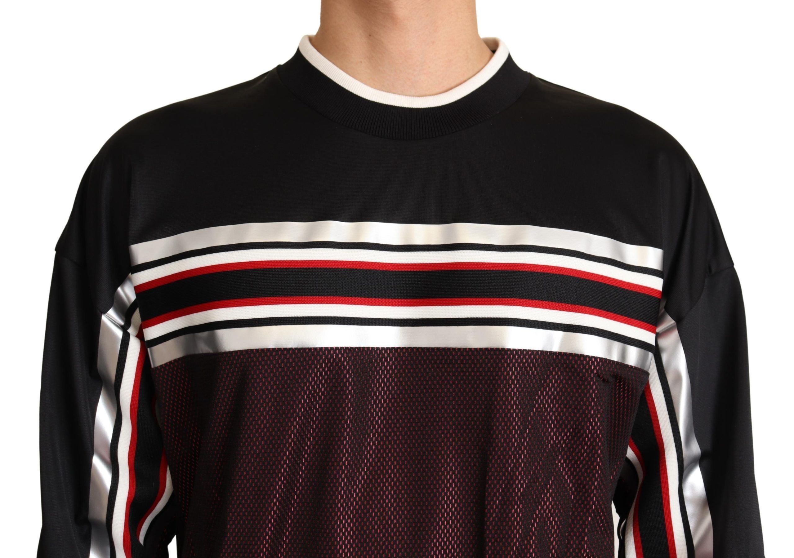 Dolce & Gabbana Black Red Mesh Sport Pullover Crewneck Sweater for Men