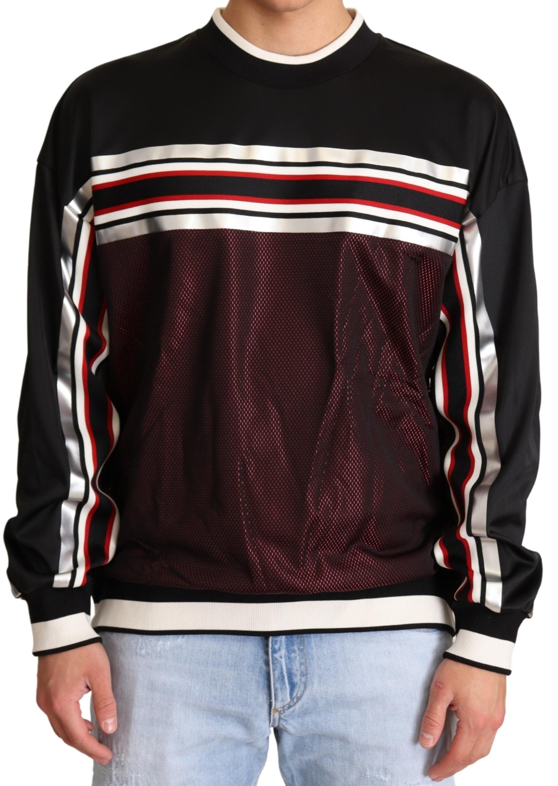 Dolce & Gabbana Black Red Mesh Sport Pullover Crewneck Sweater for Men