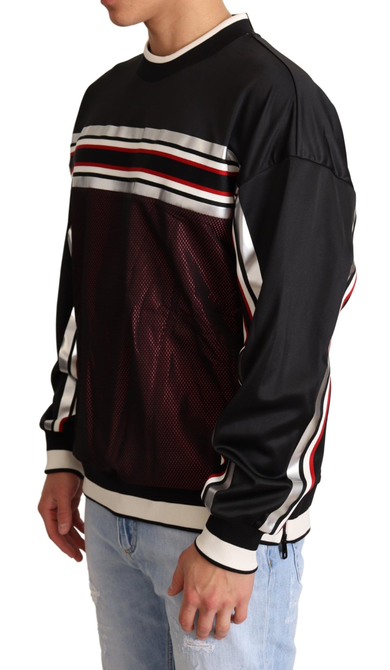 Dolce & Gabbana Black Red Mesh Sport Pullover Crewneck Sweater for Men