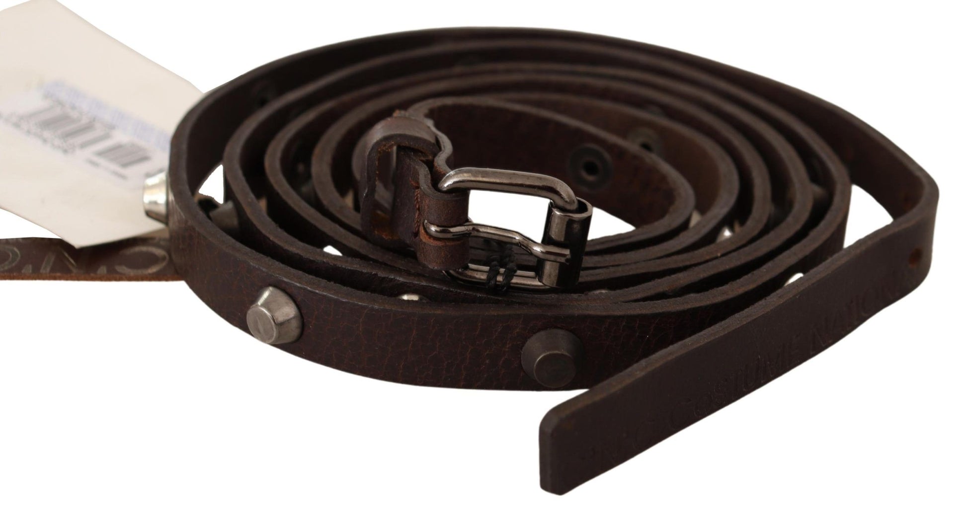 Costume National Chic Brown Leather Fashion Belt with Silver Buckle - ACCEXO