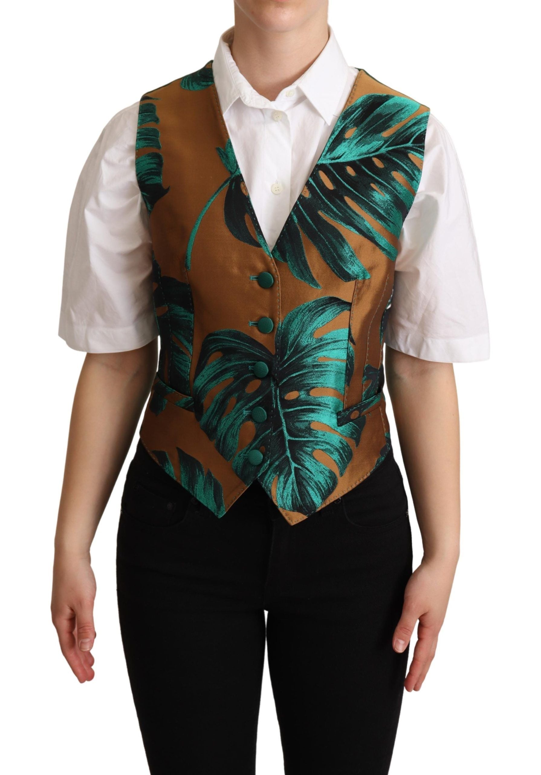 Dolce & Gabbana Elegant Green Leaf Print Waistcoat - ACCEXO