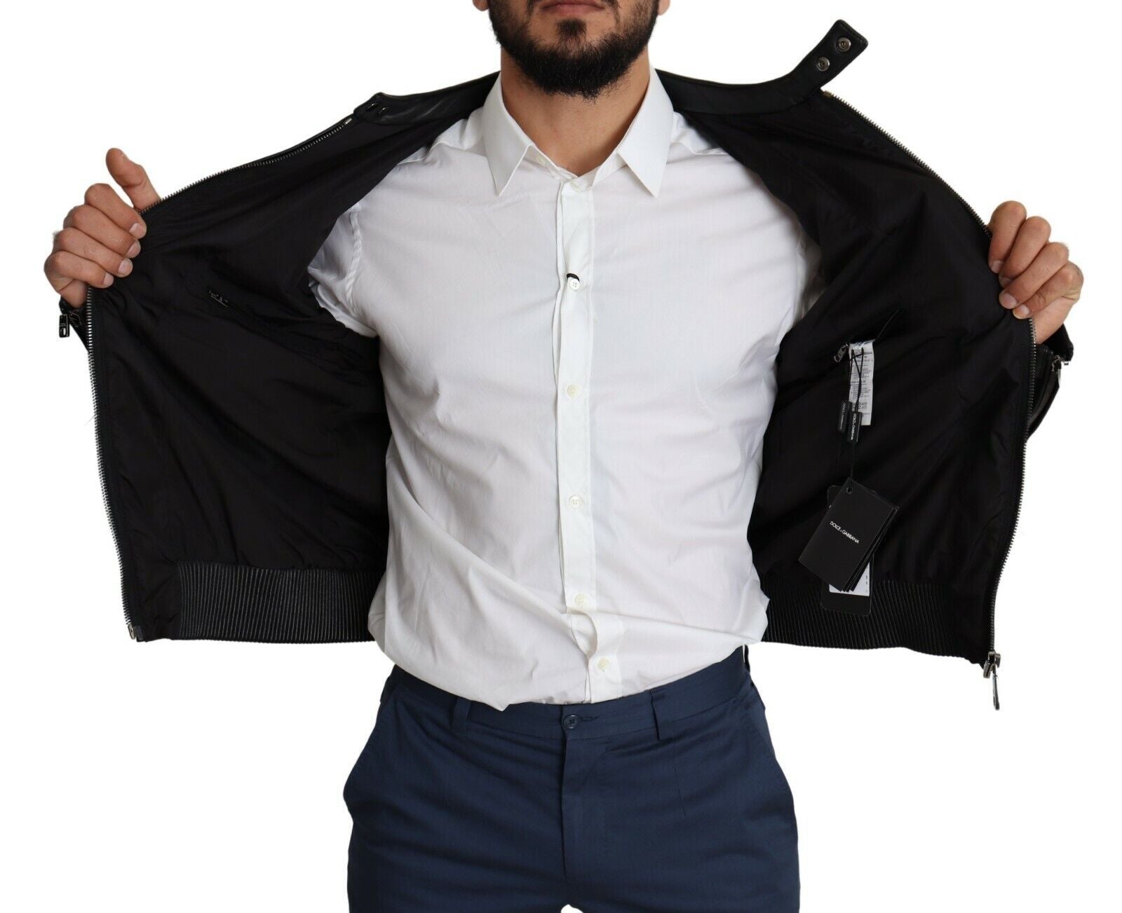 Dolce & Gabbana Elegant Black Bomber with Leather Accents - ACCEXO