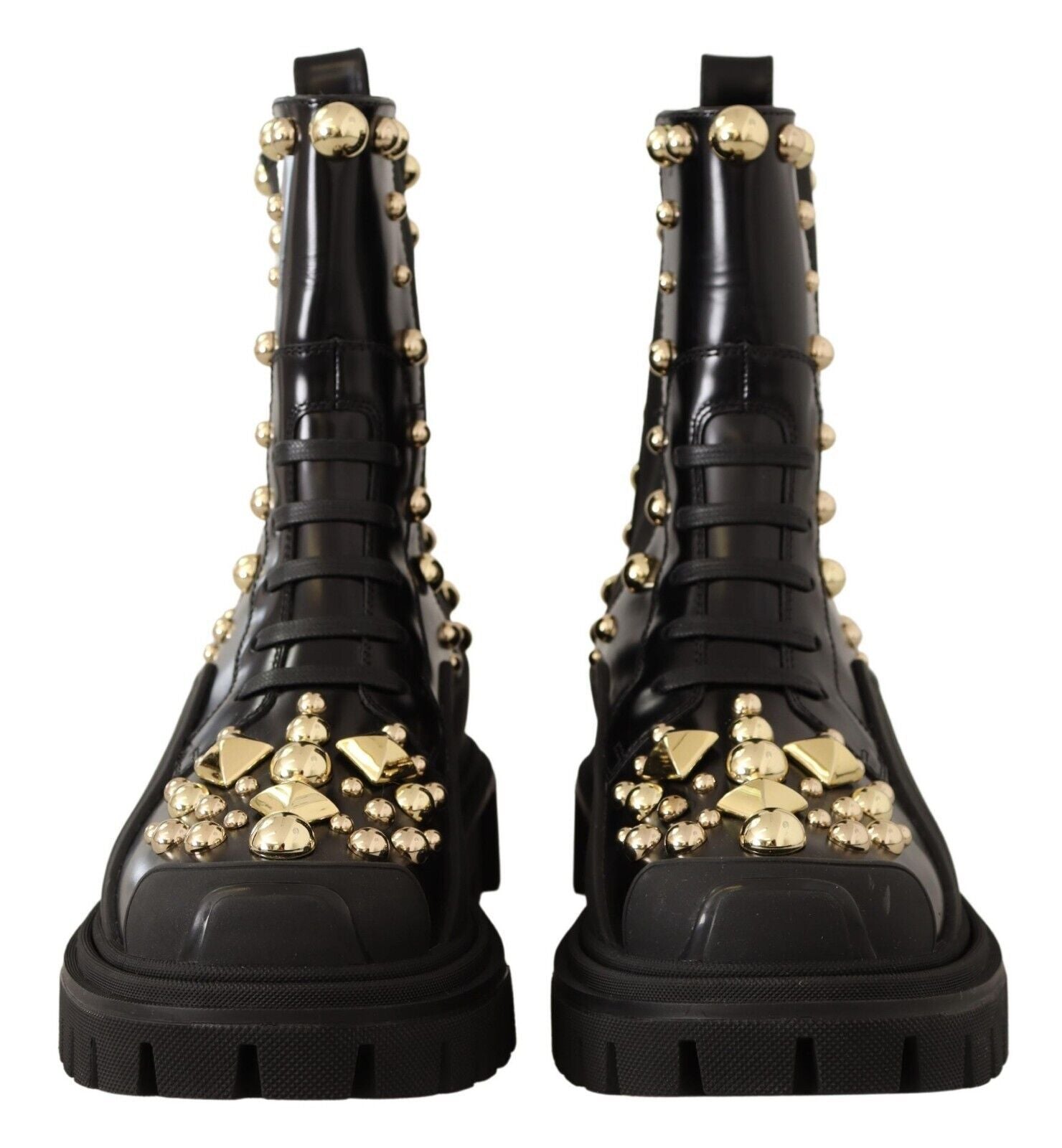 Dolce & Gabbana Studded Leather Combat Boots with Embroidery - ACCEXO