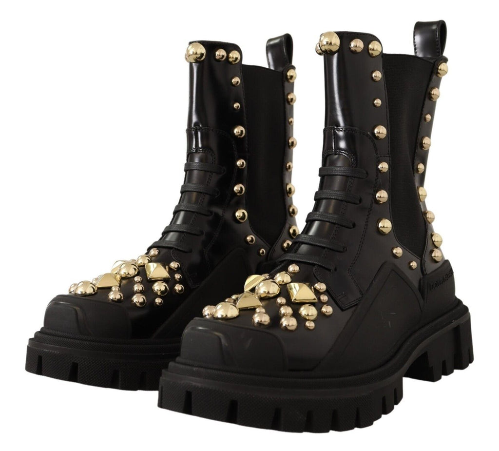 Dolce & Gabbana Studded Leather Combat Boots with Embroidery - ACCEXO