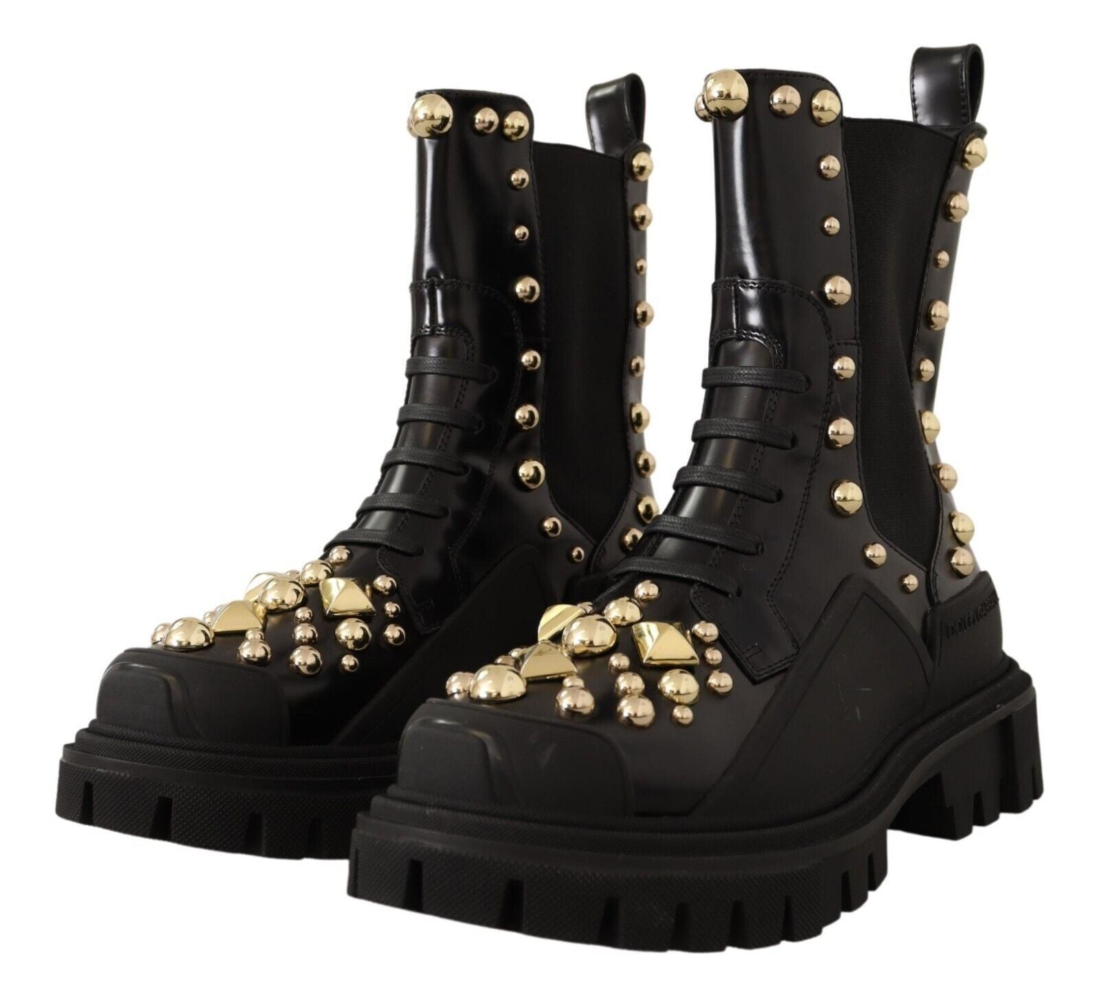Dolce & Gabbana Studded Leather Combat Boots with Embroidery - ACCEXO