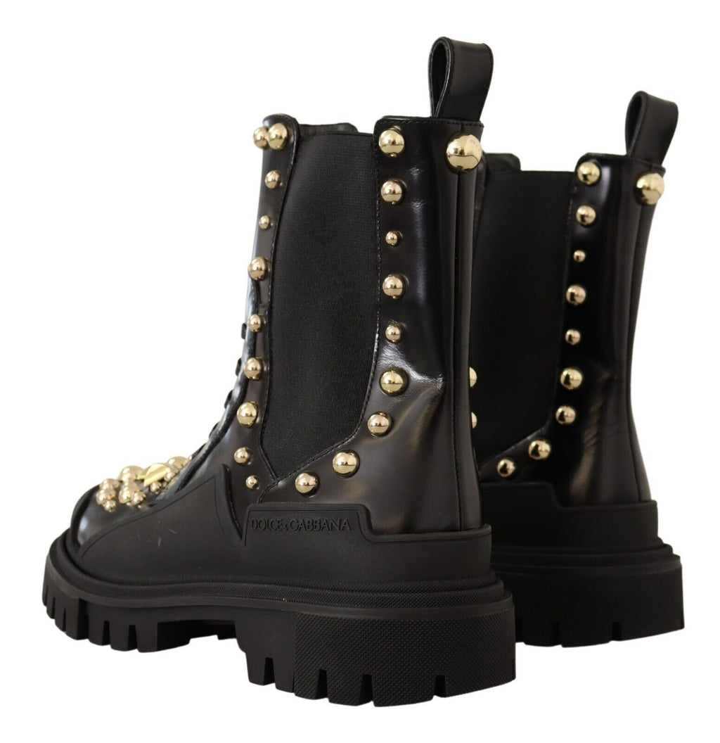 Dolce & Gabbana Studded Leather Combat Boots with Embroidery - ACCEXO