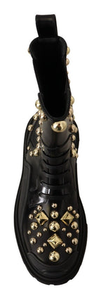 Dolce & Gabbana Studded Leather Combat Boots with Embroidery - ACCEXO