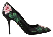 Dolce & Gabbana Elegant Black Rose Print Leather Heels - ACCEXO