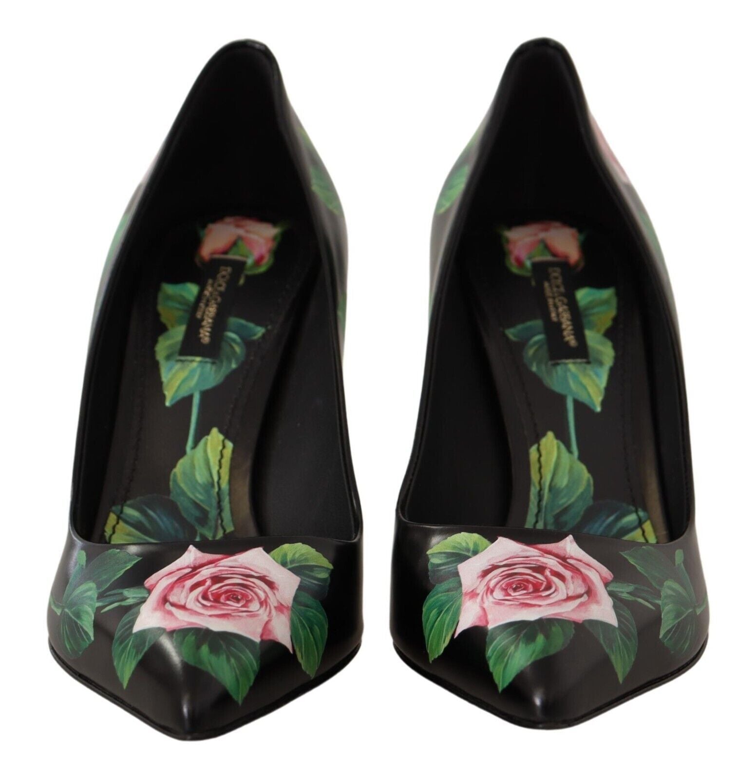 Dolce & Gabbana Elegant Black Rose Print Leather Heels - ACCEXO