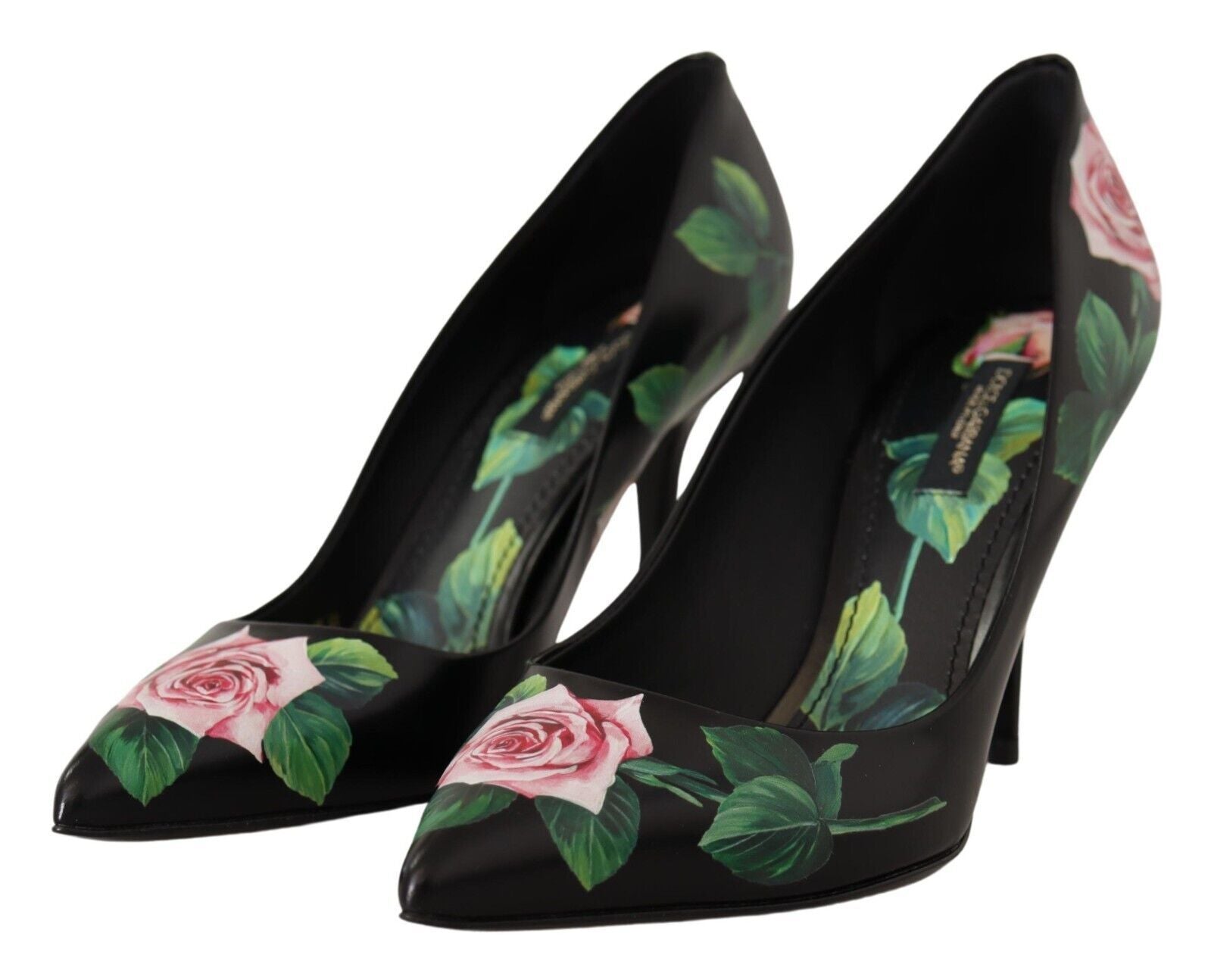 Dolce & Gabbana Elegant Black Rose Print Leather Heels - ACCEXO