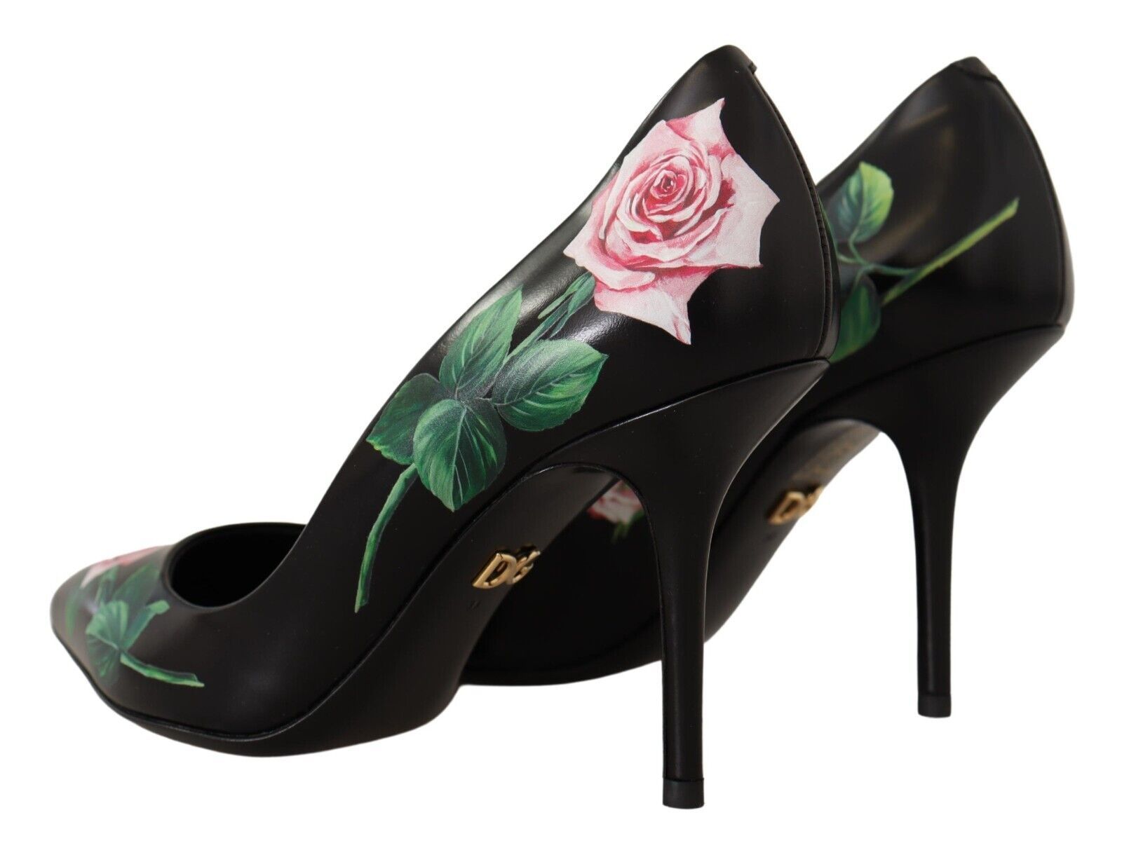 Dolce & Gabbana Elegant Black Rose Print Leather Heels - ACCEXO