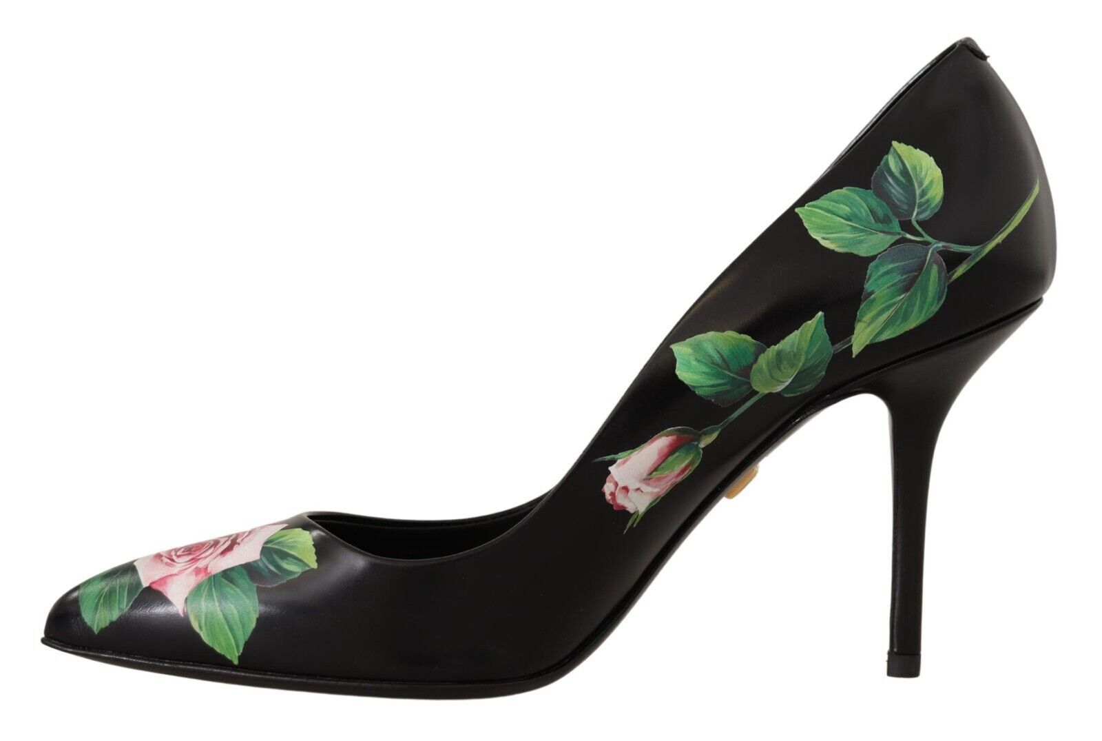 Dolce & Gabbana Elegant Black Rose Print Leather Heels - ACCEXO