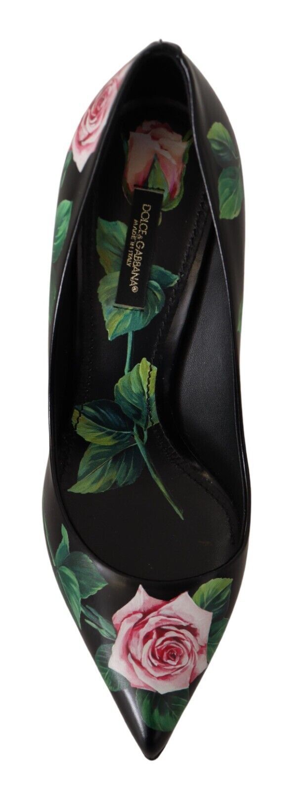 Dolce & Gabbana Elegant Black Rose Print Leather Heels - ACCEXO
