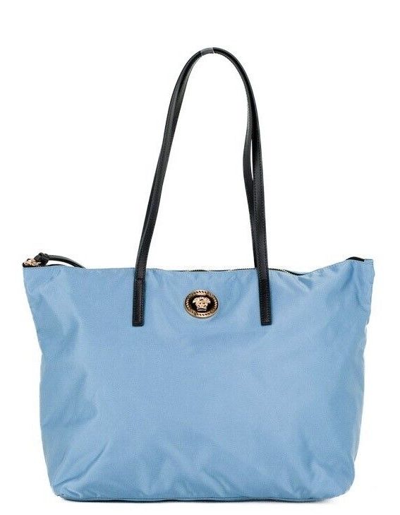 Versace Portuna Medusa Medium Cornflower Blue Nylon Leather Tote Bag Purse - ACCEXO
