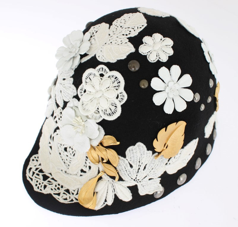 Dolce & Gabbana Elegant Black Floral Wool Cloche Hat - ACCEXO