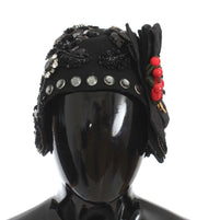 Dolce & Gabbana Black Crystal Gold Cherries Brooch Hat for Women