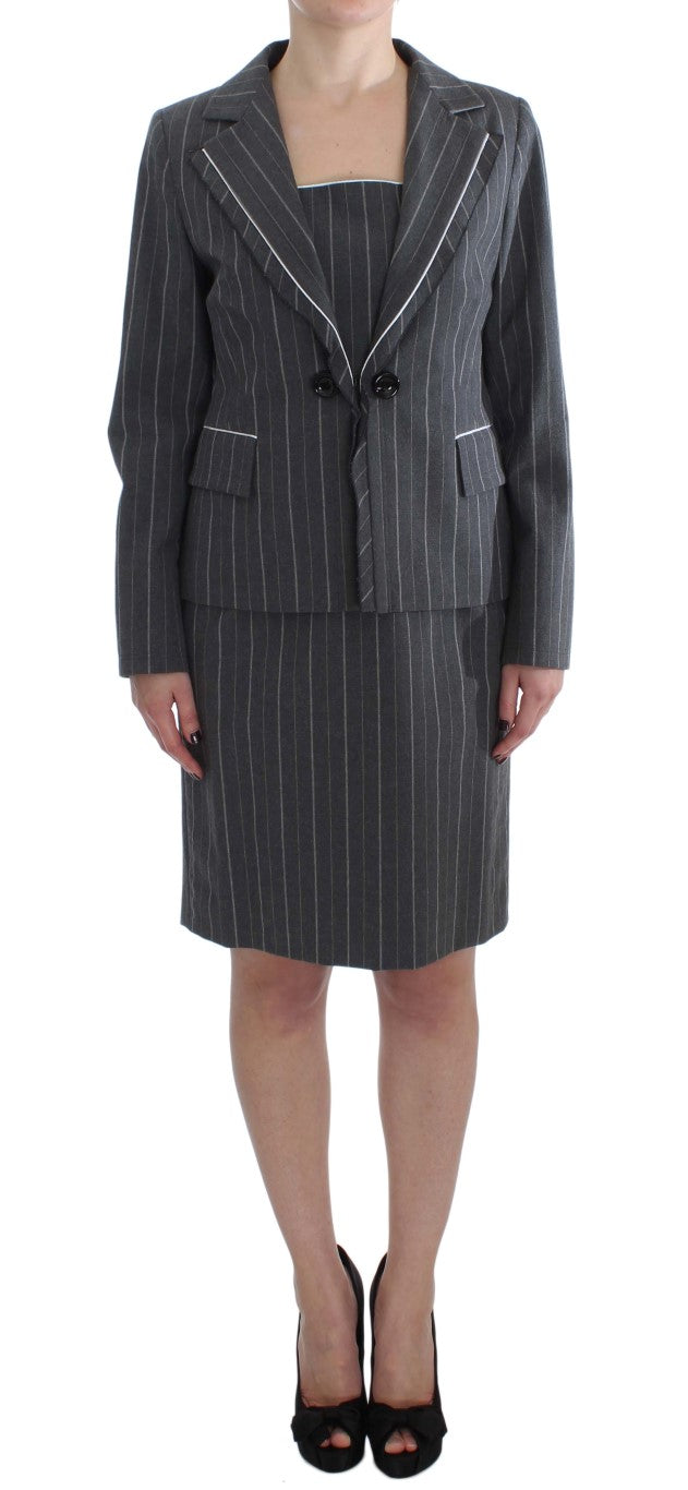 BENCIVENGA Elegant Gray Striped Dress & Blazer Suit Set - ACCEXO