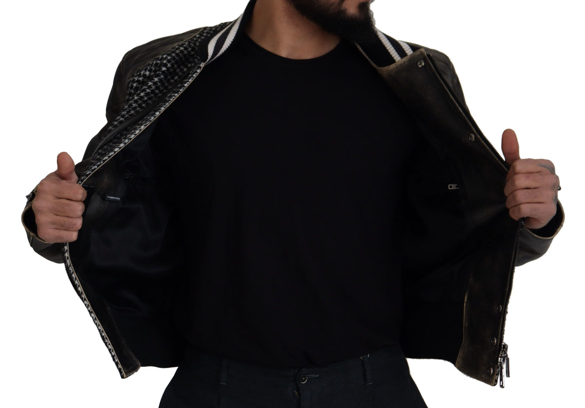 Dolce & Gabbana Dark Gray Houndstooth Polyester Bomber Jacket