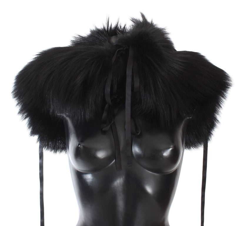 Dolce & Gabbana Elegant Black Fox Fur Silk Shoulder Wrap - ACCEXO