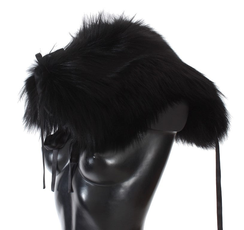 Dolce & Gabbana Elegant Black Fox Fur Silk Shoulder Wrap - ACCEXO