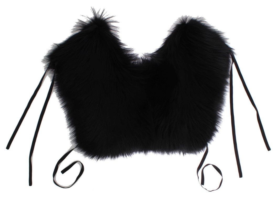 Dolce & Gabbana Elegant Black Fox Fur Silk Shoulder Wrap - ACCEXO