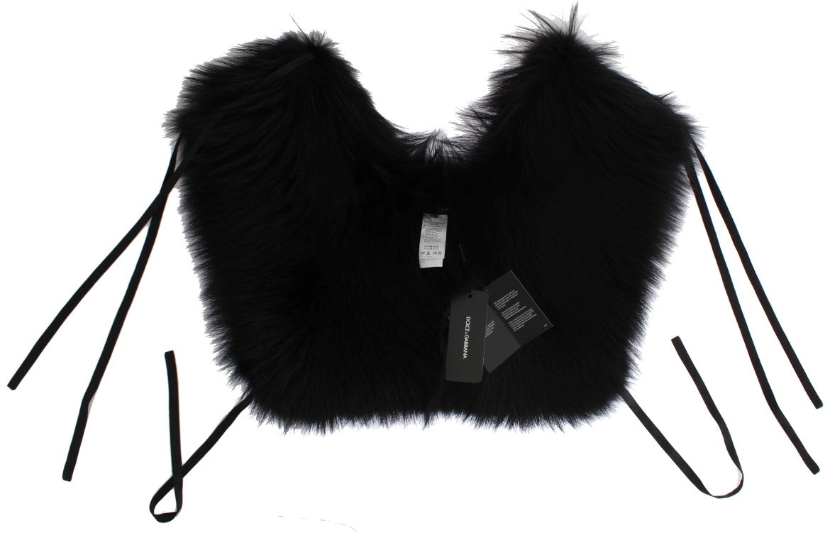 Dolce & Gabbana Elegant Black Fox Fur Silk Shoulder Wrap - ACCEXO