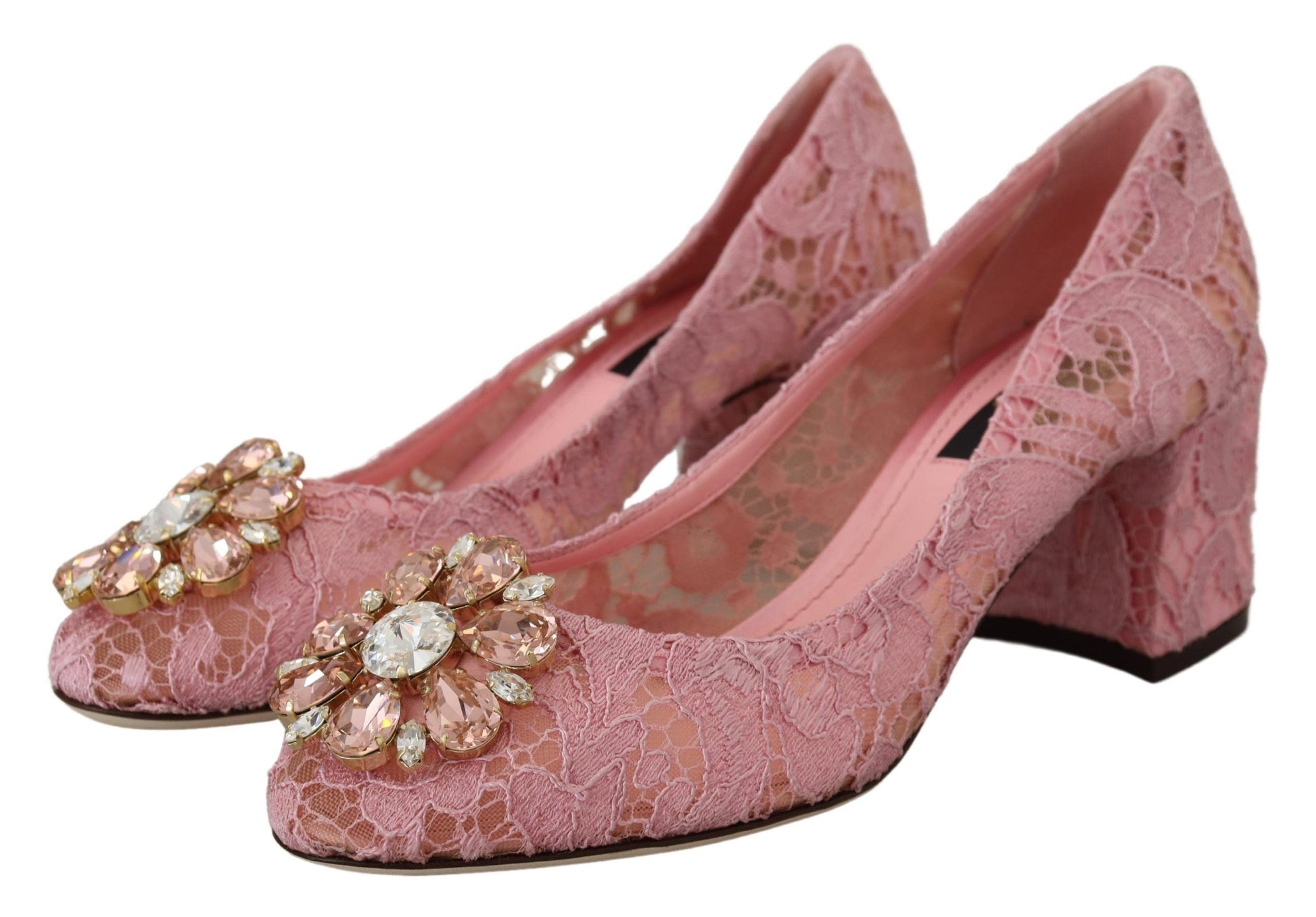 Dolce & Gabbana Pastel Pink Lace Crystal Embellished Pumps - ACCEXO