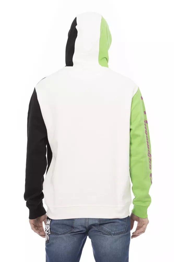 Color-blocked hoodie with white, black, and green sleeves on a white background