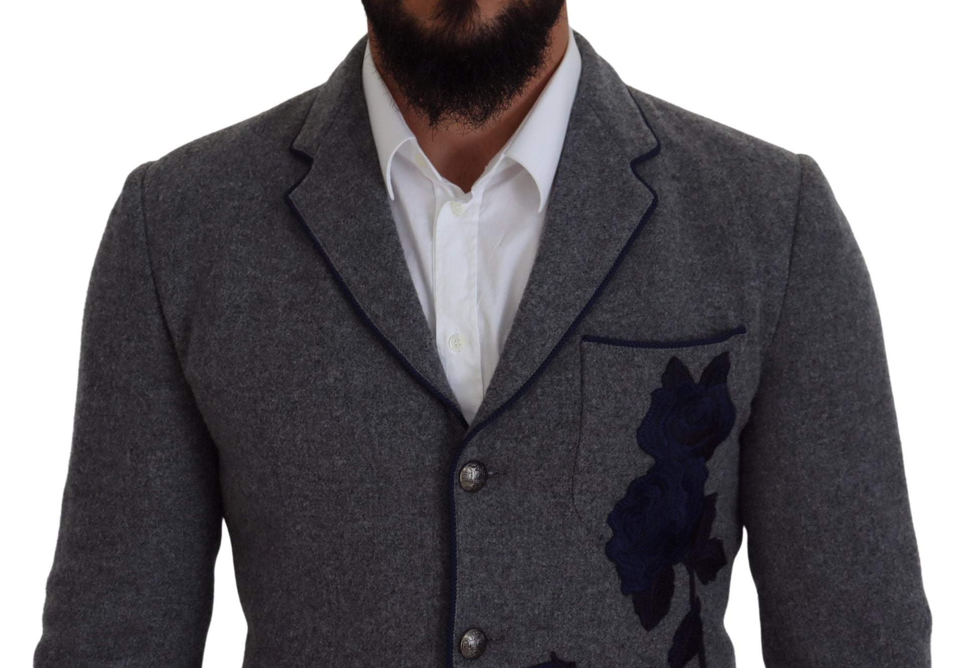 Dolce & Gabbana Elegant Gray Wool Blazer with Blue Rose Embroidery - ACCEXO