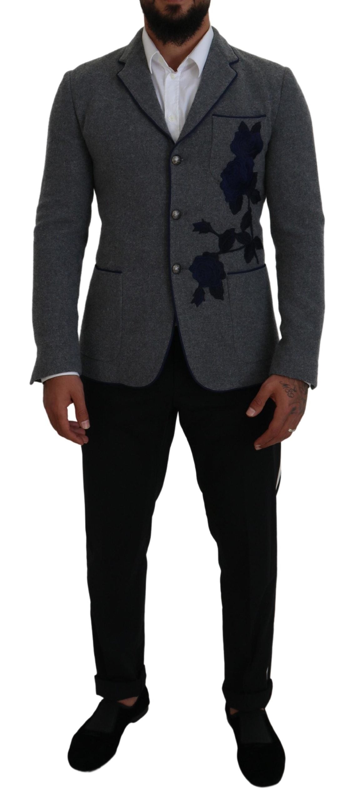 Dolce & Gabbana Elegant Gray Wool Blazer with Blue Rose Embroidery - ACCEXO Main image