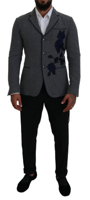Dolce & Gabbana Elegant Gray Wool Blazer with Blue Rose Embroidery - ACCEXO